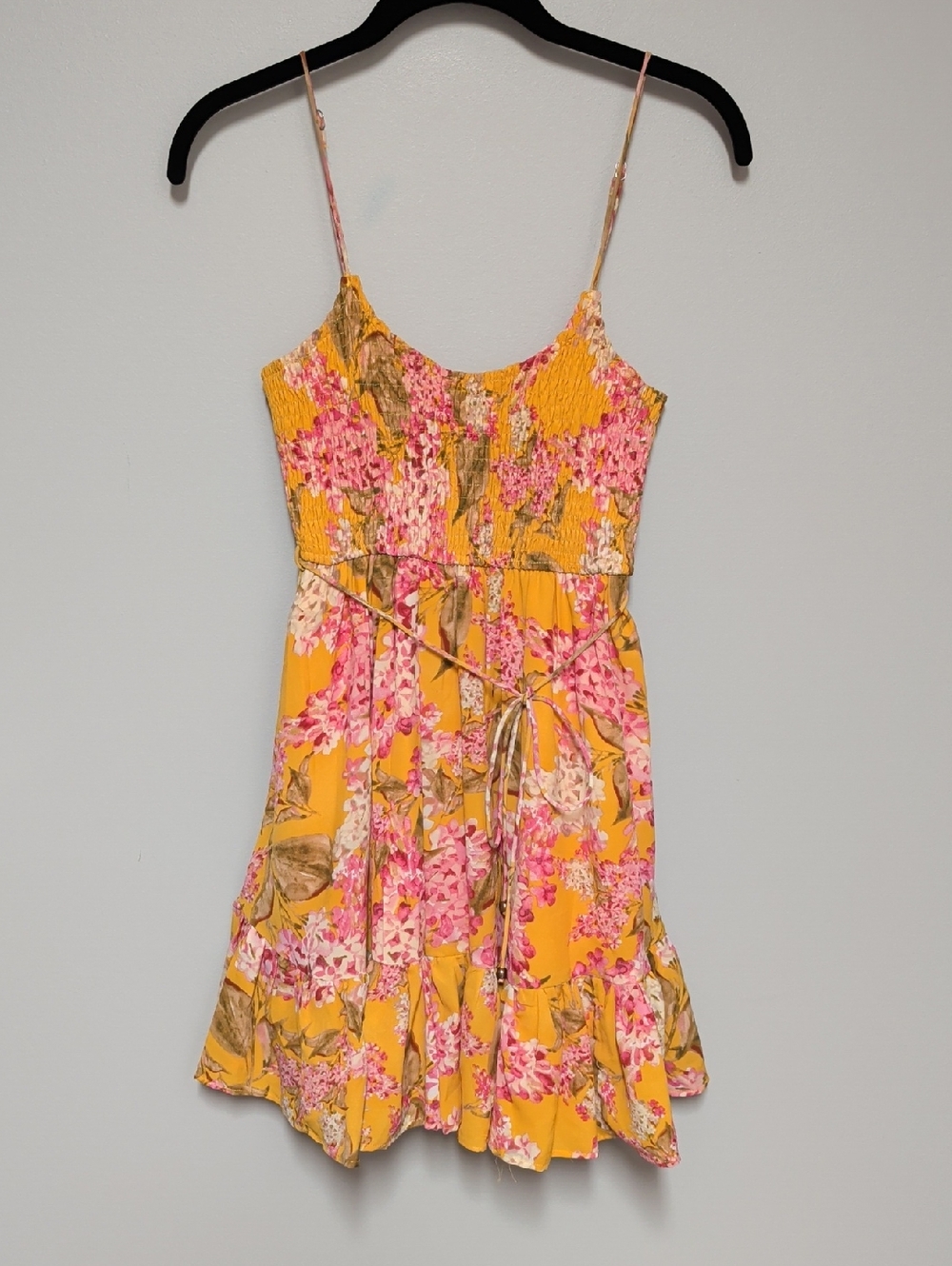 Floral Smocked Yellow & Pink Mini Dress with Tie Waist